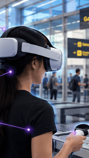 A person wearing a VR headset in an airport concourse, facing the departure gates signage with other travellers ahead of them.